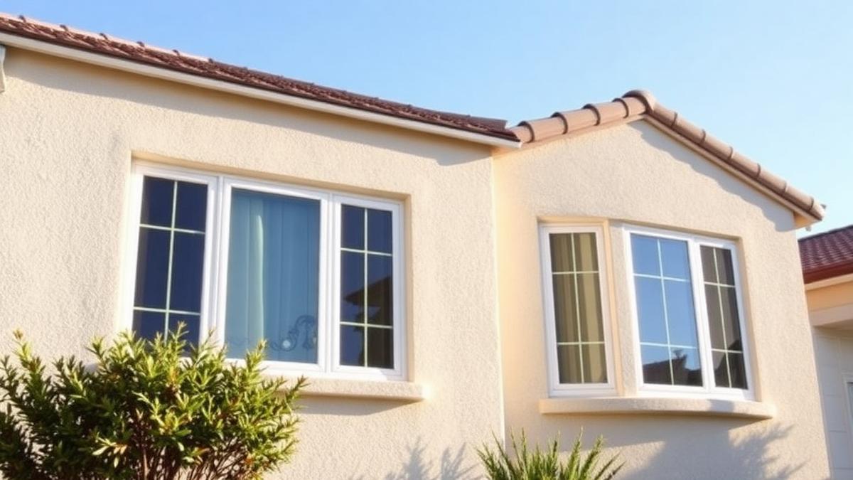 Newly installed white dual-pane vinyl windows on a stucco San Diego home exterior