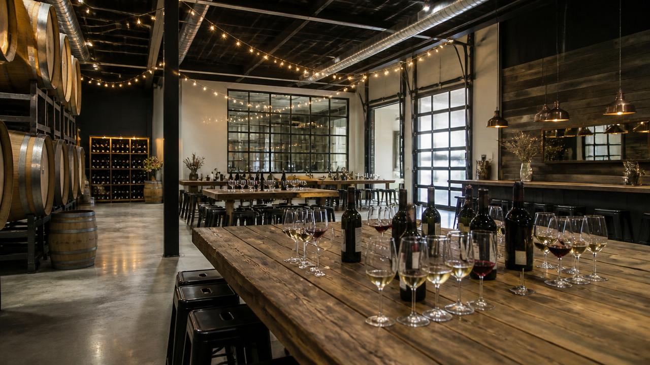 Urban warehouse winery tasting room in San Diego with oak barrels, string lights, and glasses of red and white wine on a communal table