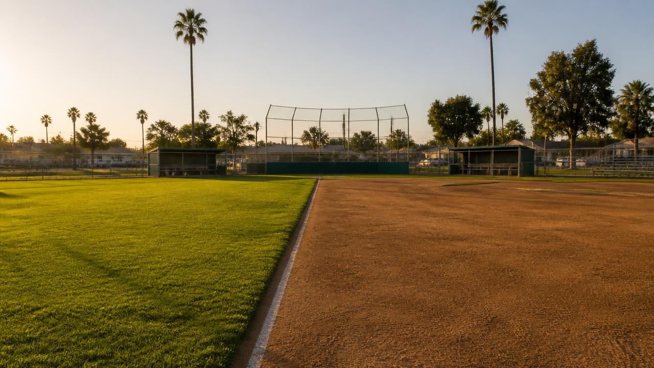 Kids playing a Little League baseball game on a sunny San Diego neighborhood field lined with palm trees