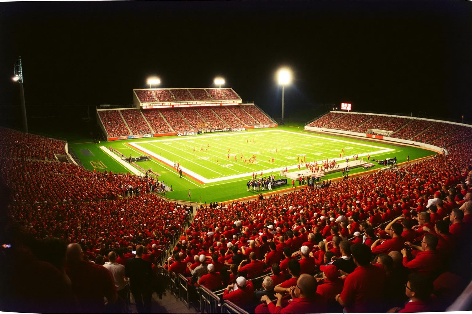 Packed college football stadium at night with a red-clad student section under stadium lights