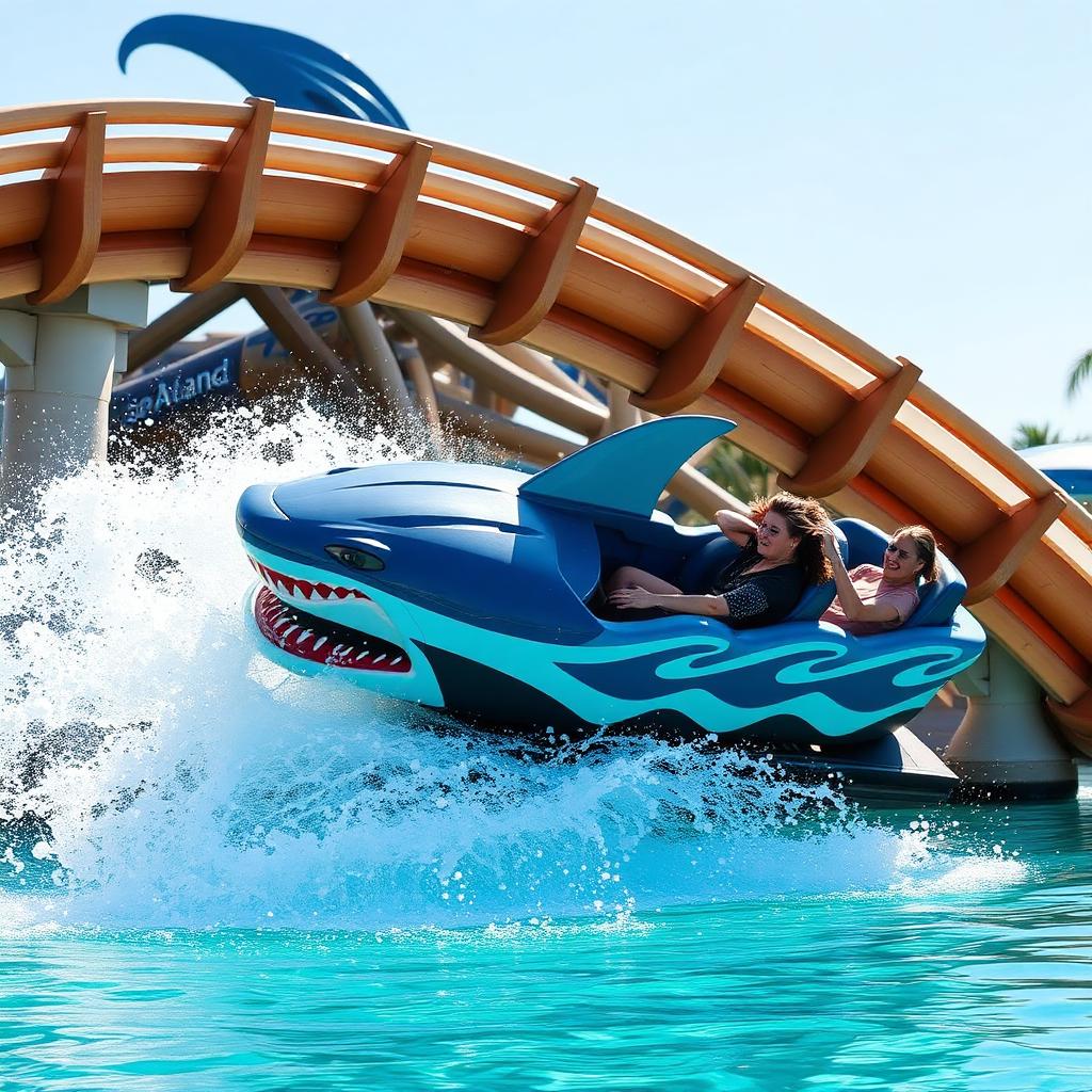 SeaWorld San Diego water coaster with shark-themed ride vehicle splashing through water