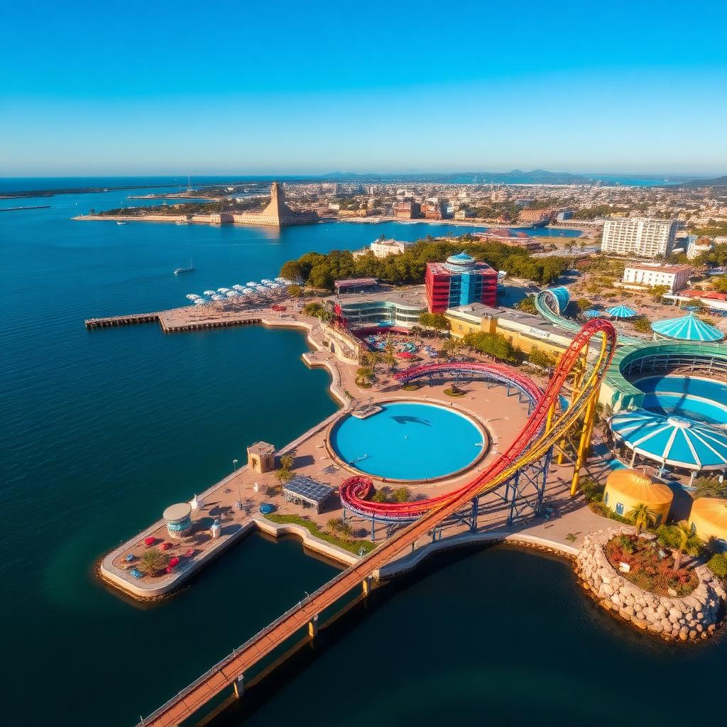 Aerial view of SeaWorld San Diego on Mission Bay with roller coasters and blue water