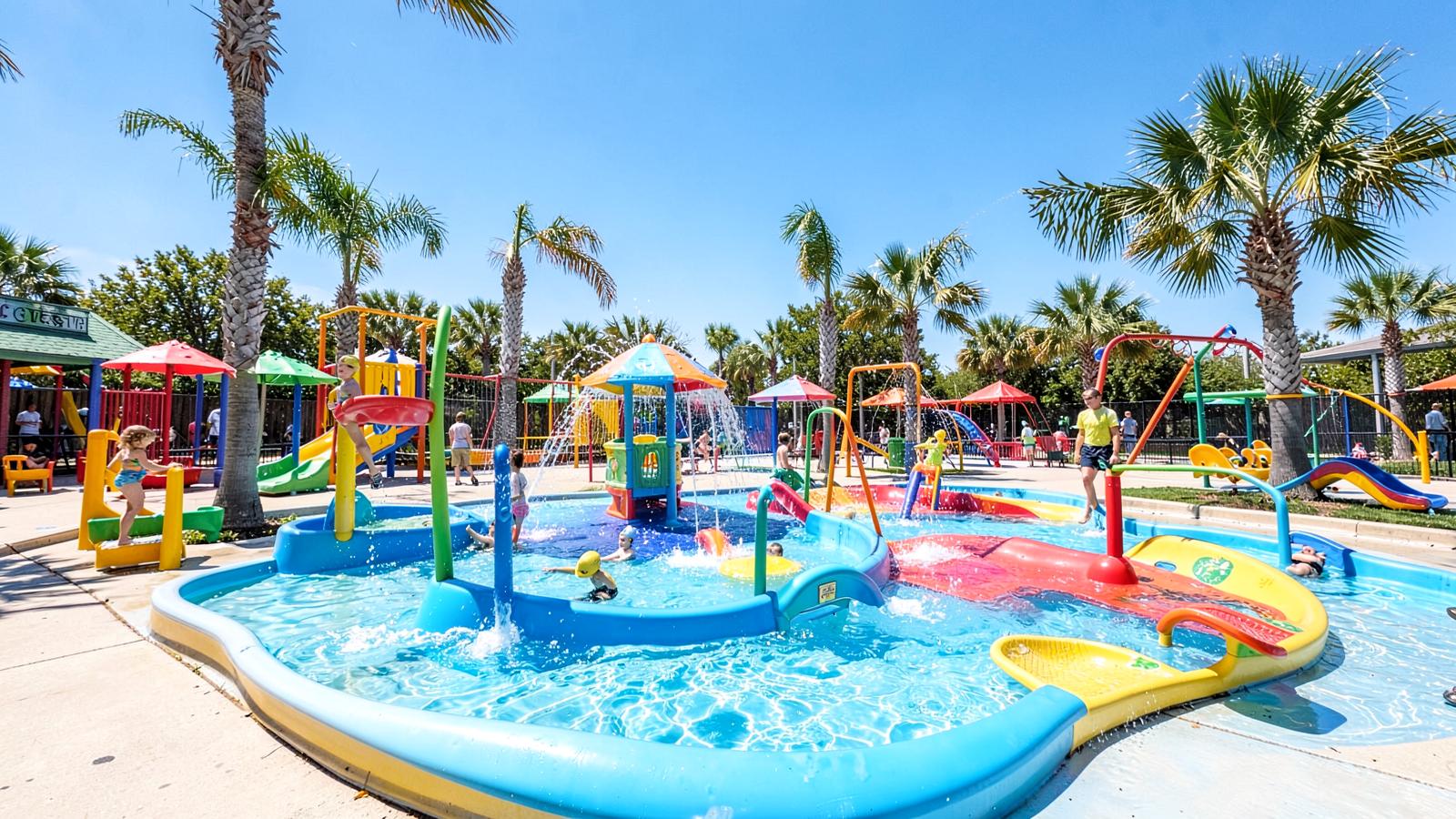 Colorful children's splash pool and kiddie rides at a sunny Southern California family theme park