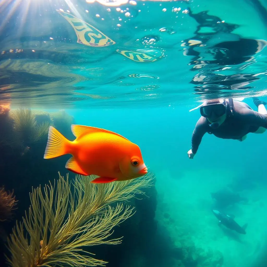 Snorkeler looking at orange garibaldi fish and kelp in clear water at La Jolla Cove