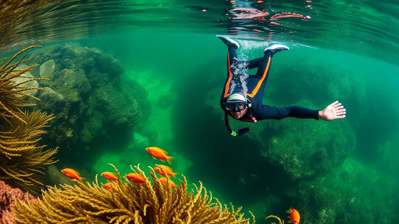 Snorkeler in a wetsuit swimming above kelp and bright orange garibaldi fish in clear green Pacific water