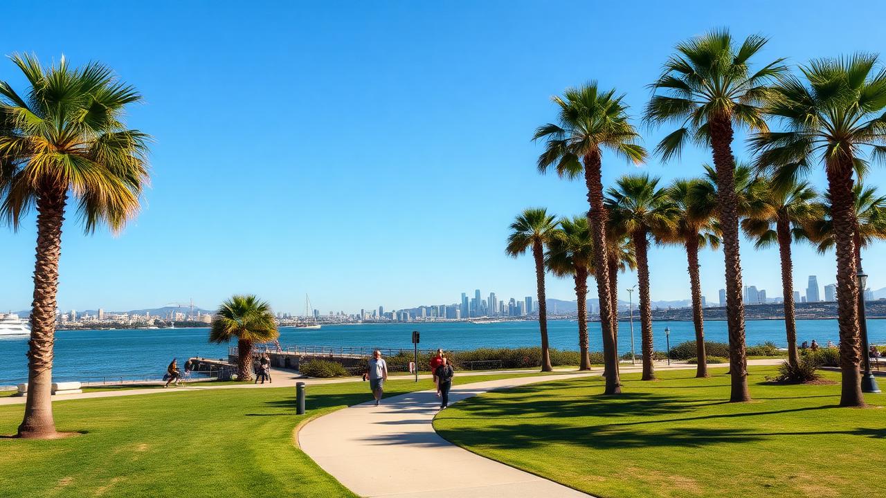 Palm-lined bayfront park path in South Bay San Diego with the downtown skyline across the water