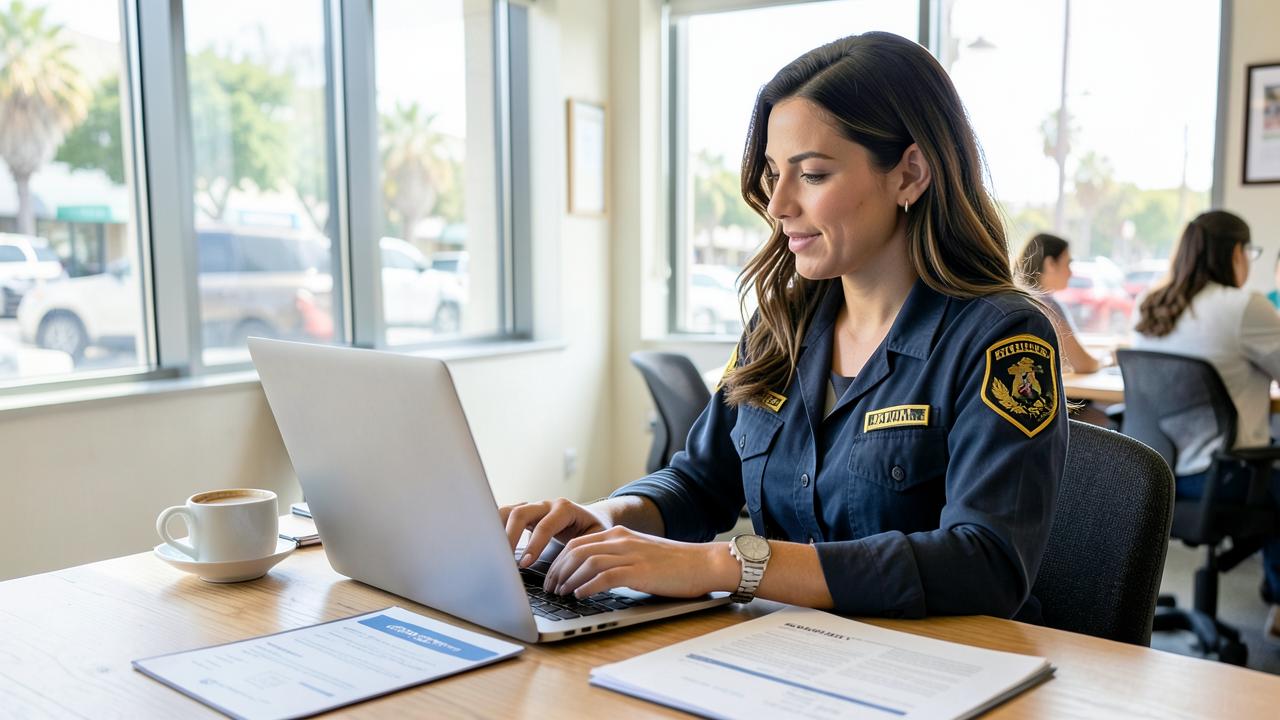Military spouse working on a laptop with a resume on the desk at a bright San Diego coworking space