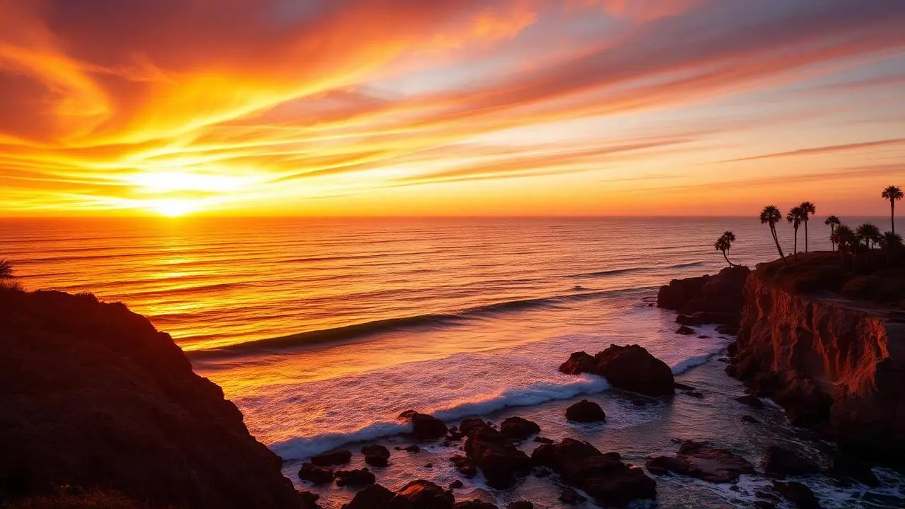 Golden hour sunset over the Pacific Ocean at La Jolla cliffs in San Diego