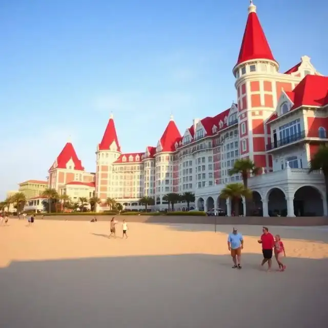Hotel del Coronado's iconic red turrets and white Victorian architecture over the wide sandy beach in Coronado, San Diego