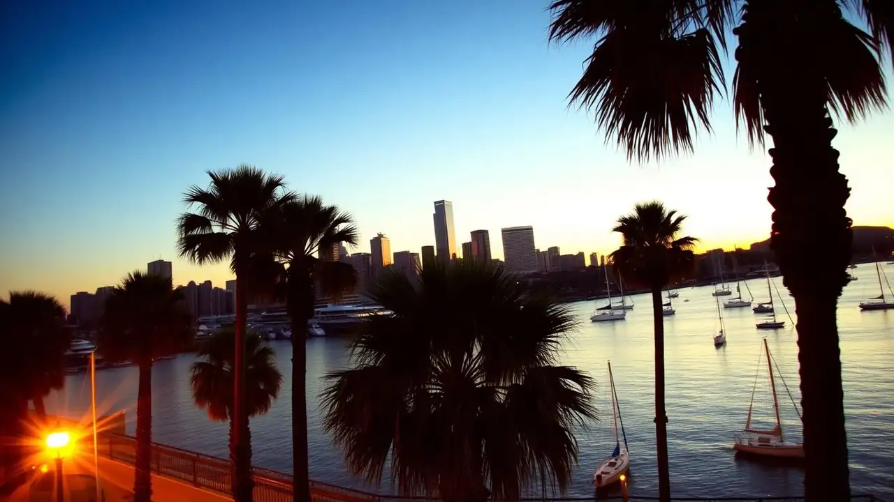 San Diego bay skyline and palm trees at golden hour, seen from the waterfront