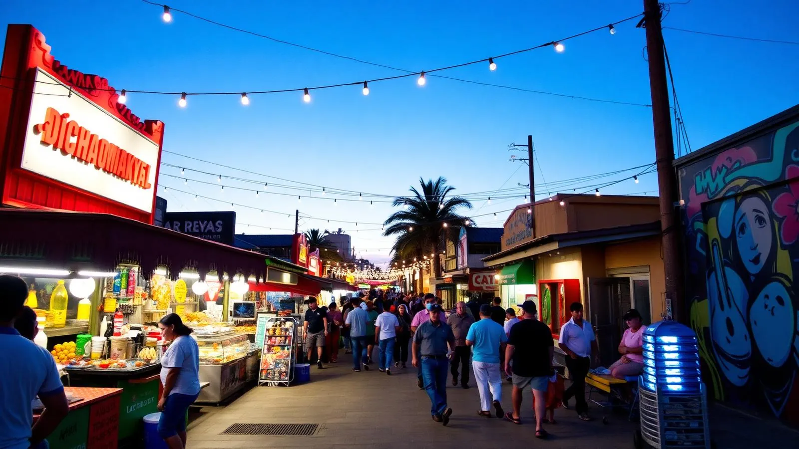 Tijuana street market at dusk with food stalls, string lights and murals