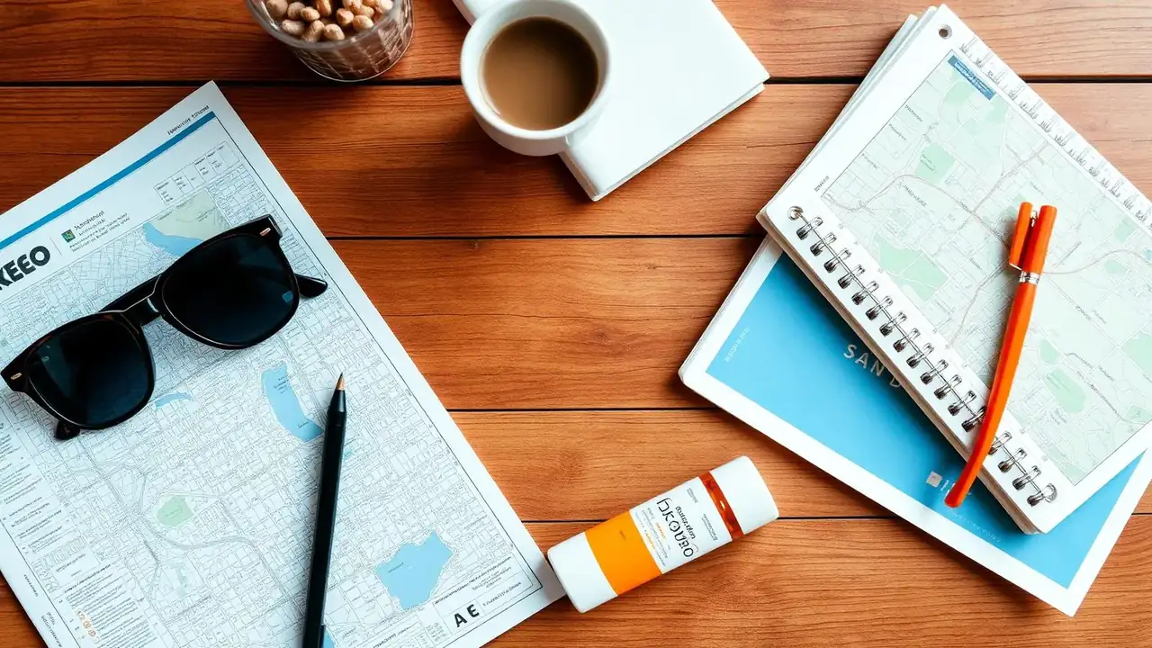 San Diego travel planning flat lay with a city map, sunglasses, sunscreen and coffee