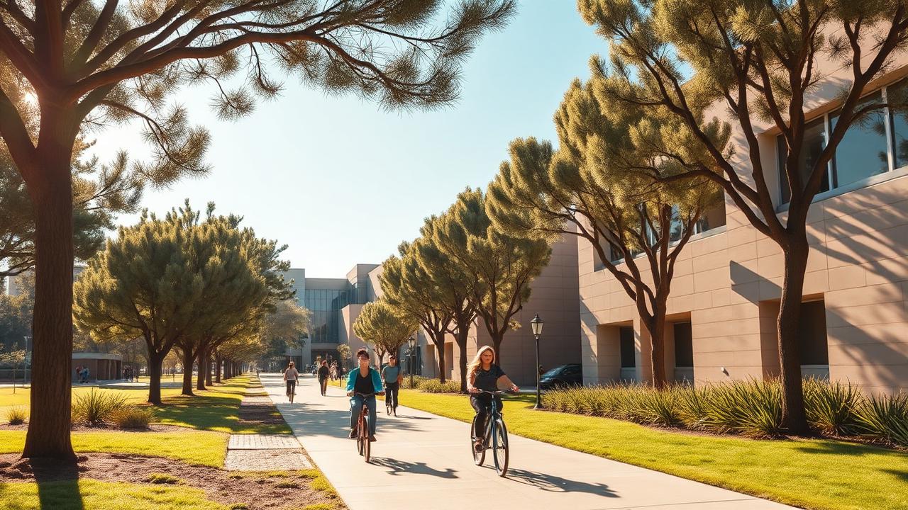 Students biking along a eucalyptus-lined path on the UC San Diego campus in La Jolla on a sunny day
