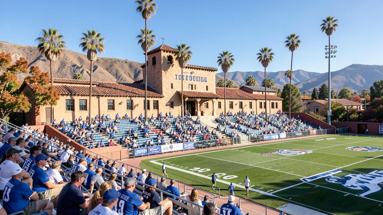 Torero Stadium at the University of San Diego on a sunny fall afternoon with fans in the stands