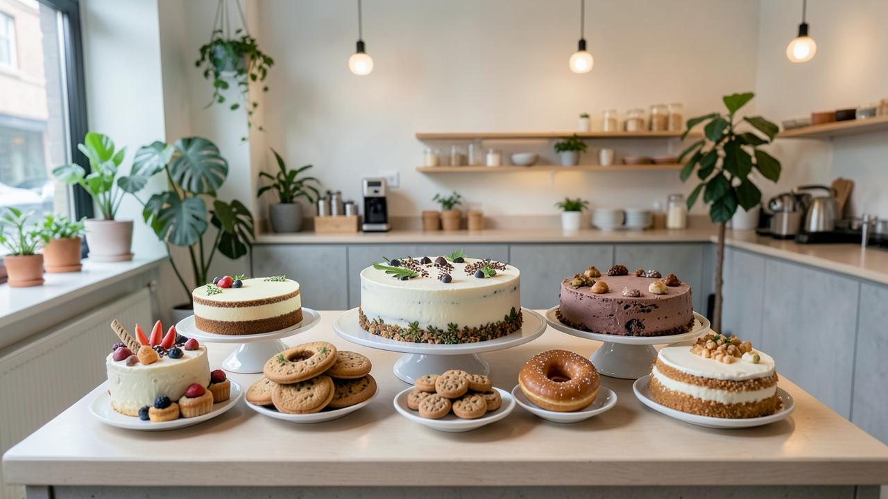 Vegan brunch spread with plant-based pancakes, tofu scramble and coffee at a San Diego café