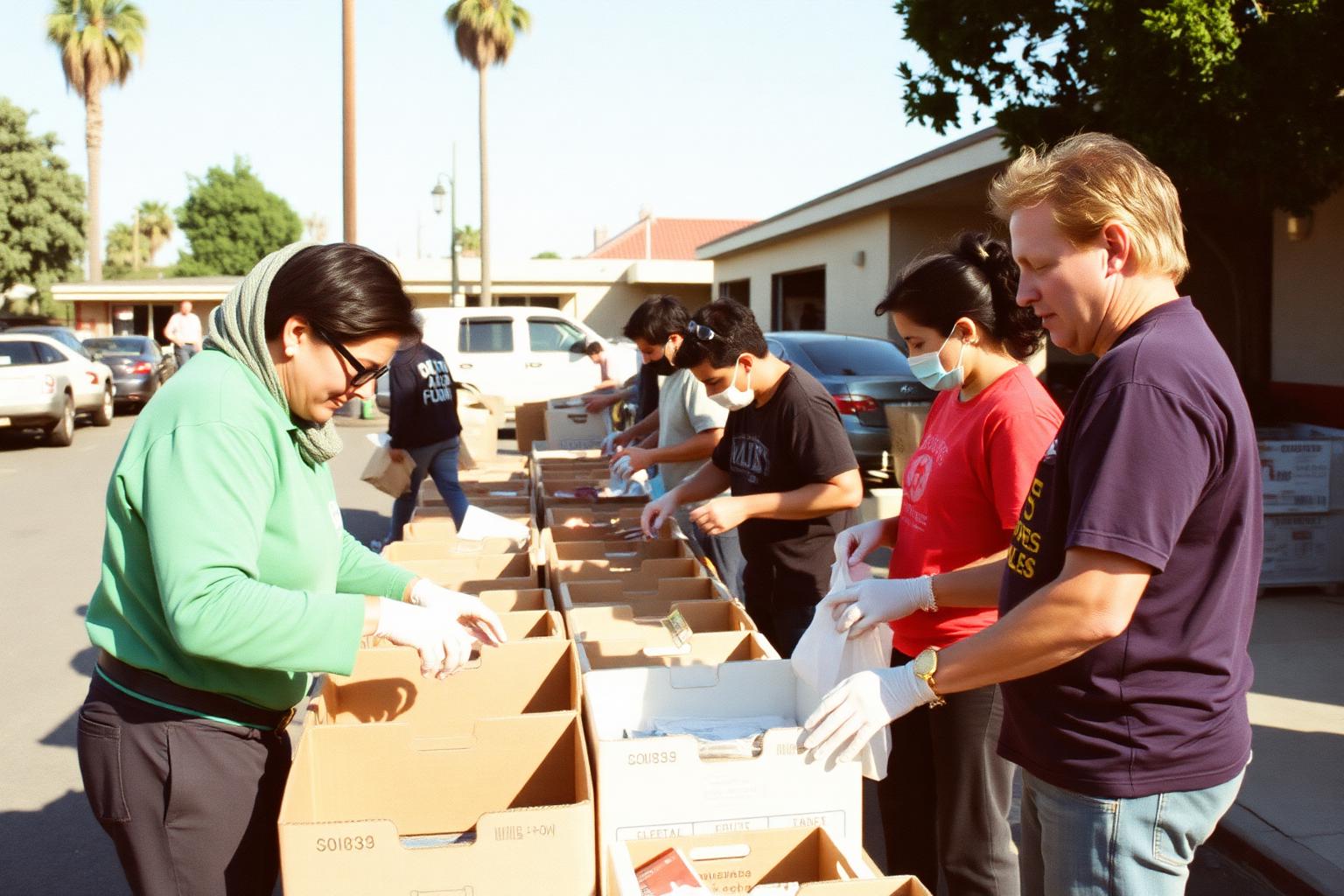 Volunteers sorting boxes of food at an outdoor community distribution in San Diego