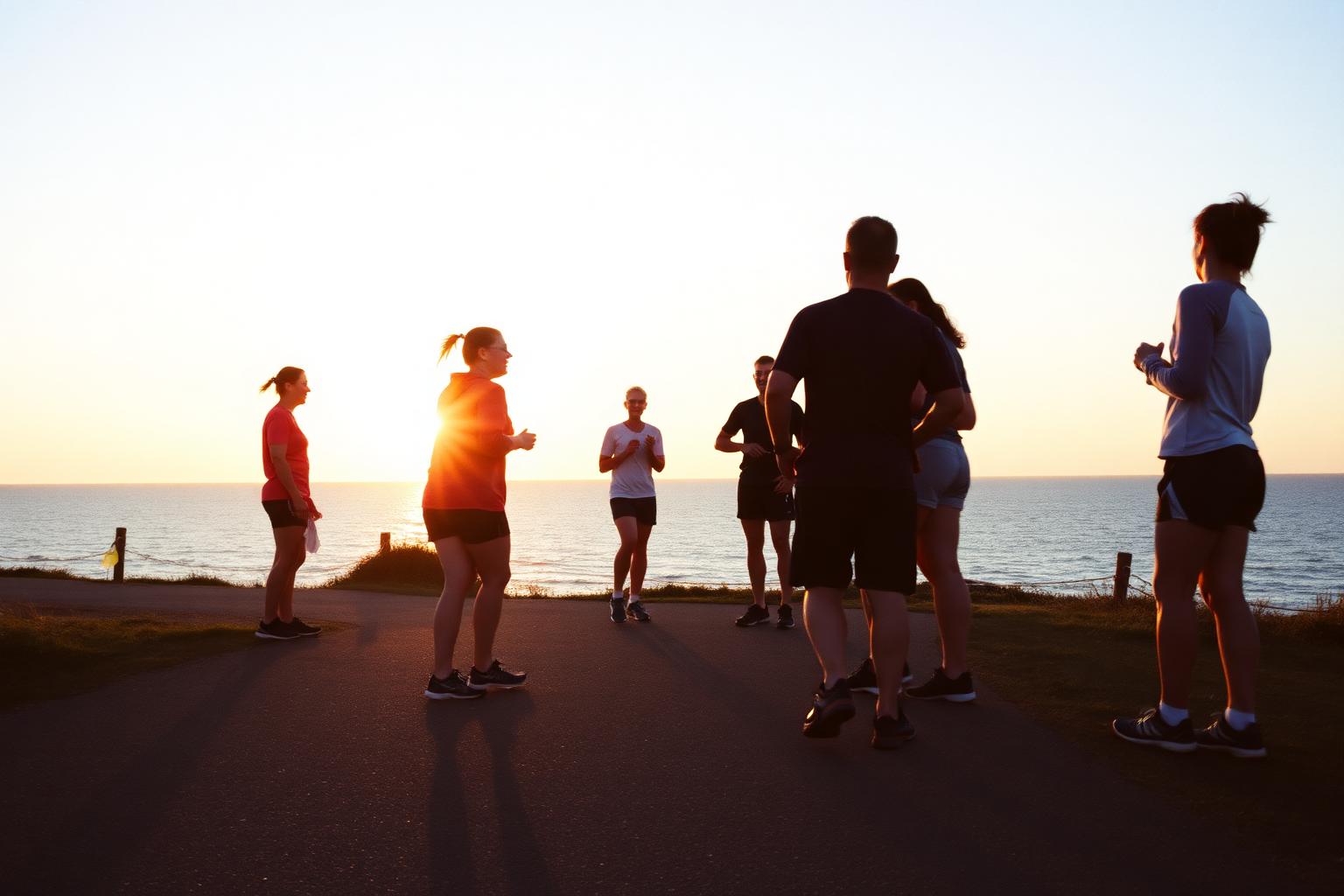Run club gathered on a coastal path at sunset, people in running clothes talking in small groups