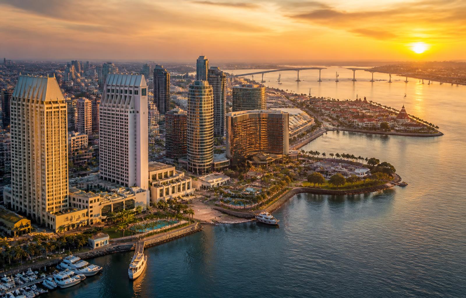 Golden-hour aerial view of San Diego's downtown bayside hotel skyline with the Coronado bridge in the background